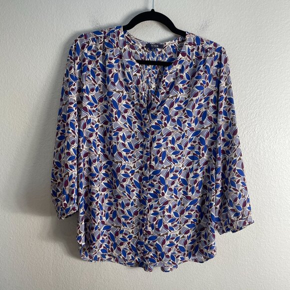 NYDJ Womens Large 3/4 Sleeve Blouse Leaf Print Tunic Top V Neck Shirt - Picture 7 of 10